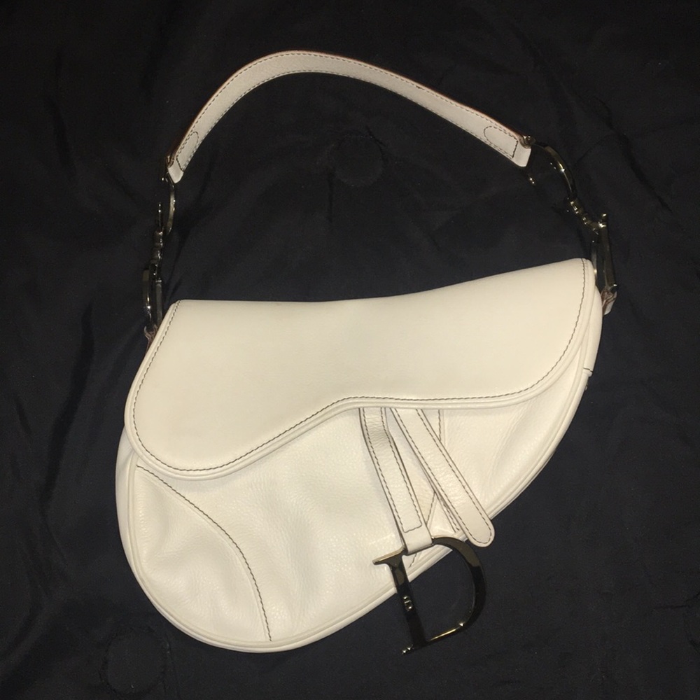 Authentic Christian Dior white leather saddle bag